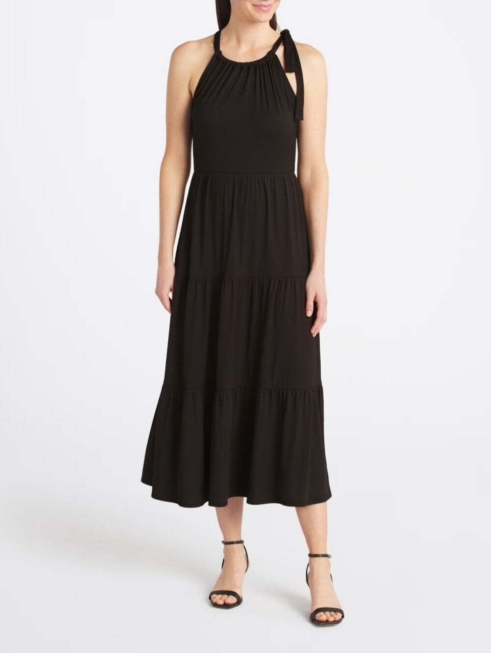 Kaileigh Black Halter Tiered Midi Dress